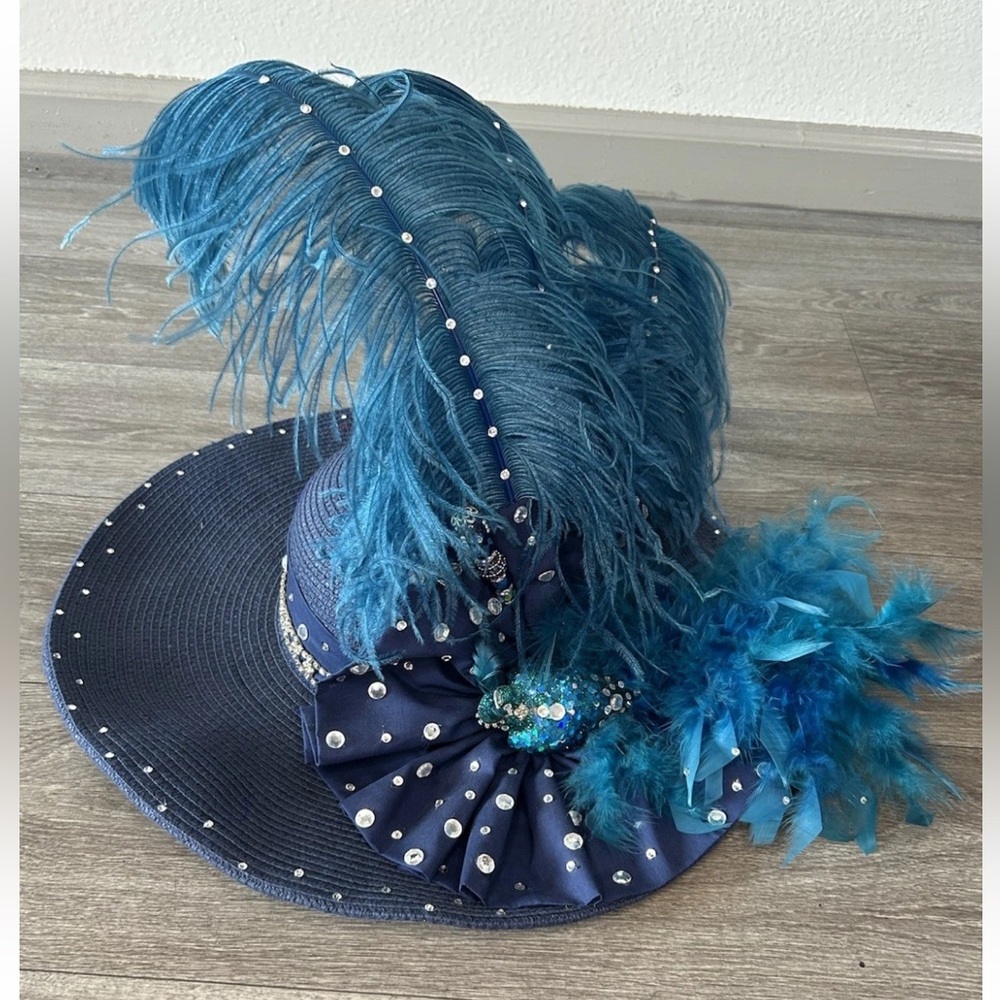 VTG Remade Blue Peacock Derby Hat Feather Rhinestone Wide Brim Church Festival